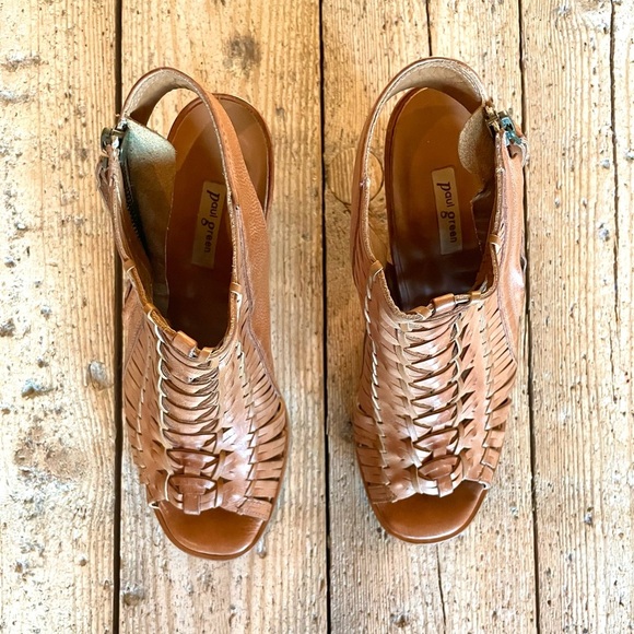 Paul Green Miranda Tan Leather Woven Peep Toe Booties Block Heel US 8 UK 5.5 - Picture 5 of 12
